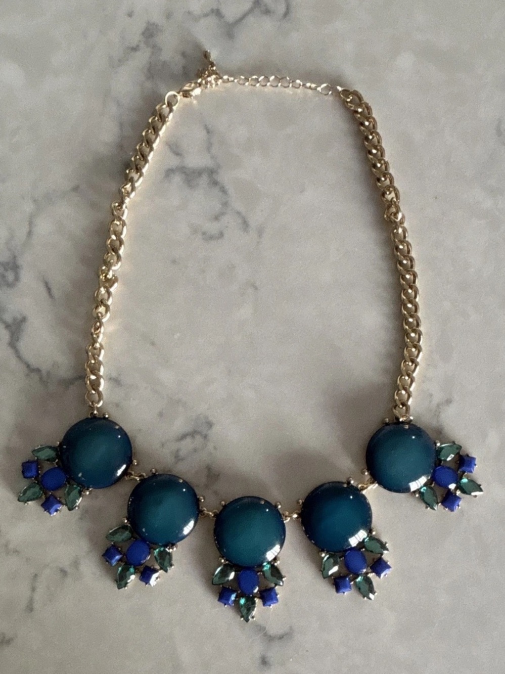 Gold Chain Statement Necklace with Teal and Blue Stones